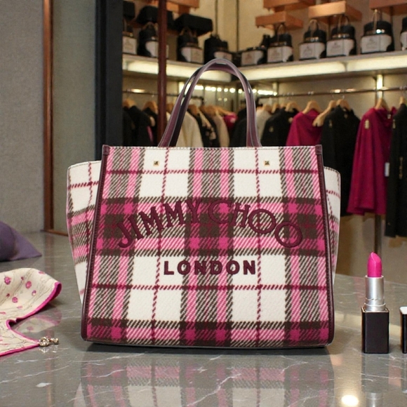 Jimmy Choo Handbags - 🔥Jimmy Choo Varenne Tote  in Burgundy Check Plaid Wool Logo Embroidery